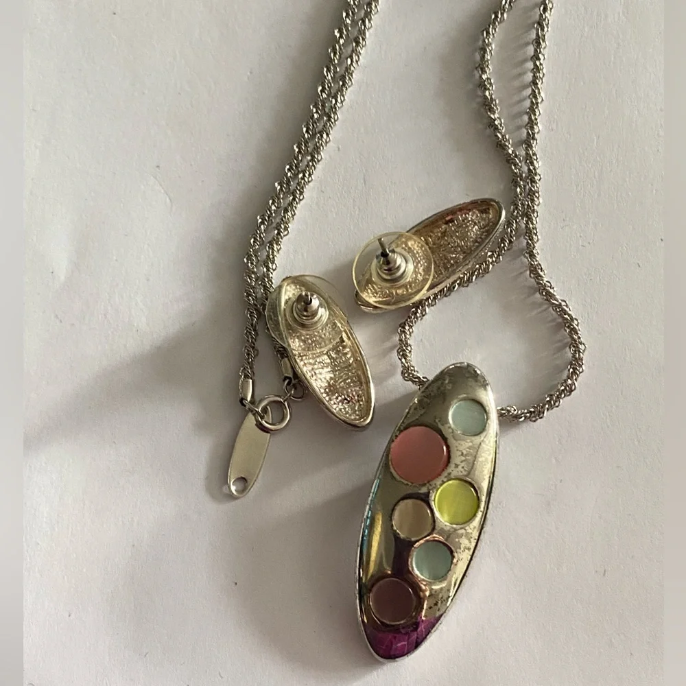 Rare! Vintage Whiting Davis Silver Earrings Pendant & Intricately Woven Chain Se